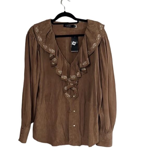 Ralph Lauren Suede Ruffle Blouse - Picture 1 of 9